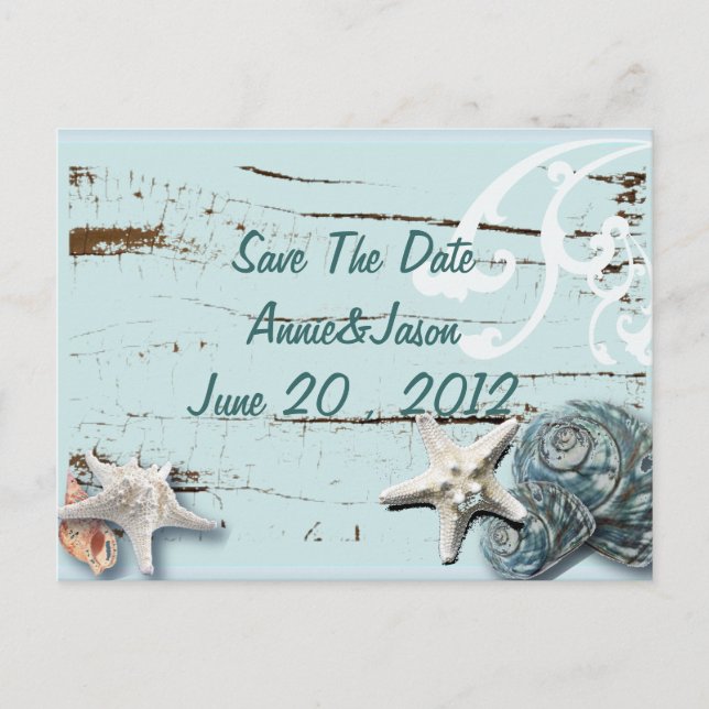 Elegant Seashells Beach Wedding Save the Date Ankündigungspostkarte (Vorderseite)