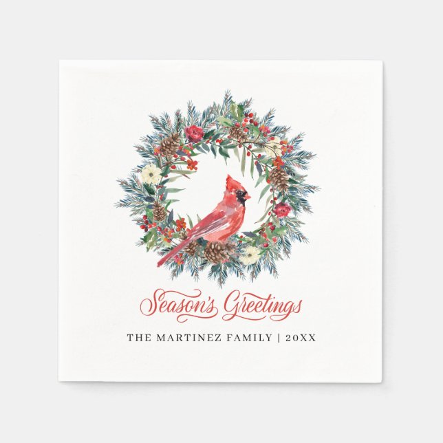 Elegant Season's Greetings Wreath Red Kardinal Serviette (Vorderseite)