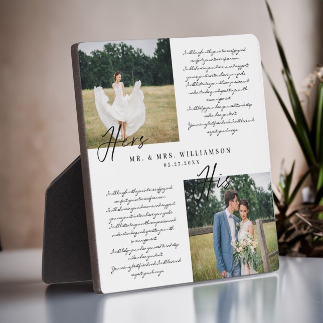 Elegant Sein & Hers Wedding Vows Minimal 2 Foto Fotoplatte (Elegant His & Hers Wedding Vows Minimal Two Photo Plaque)