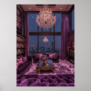 Elégant Séjour Violet Grand Chandelier Poster
