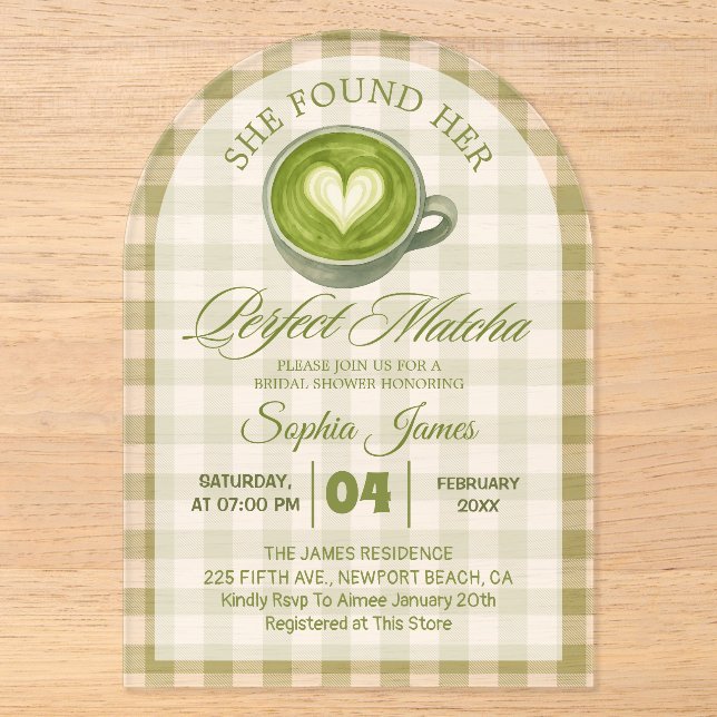 Elegant She fand ihr perfektes Matcha-Brautparty Acryleinladungen (Vorderseite)