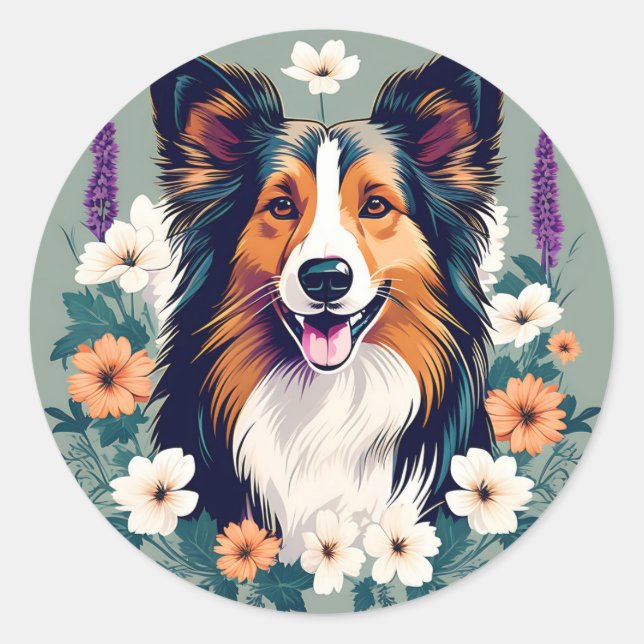 Elegant Shetland Sheepdog mit floral Runder Aufkleber (Vorderseite)