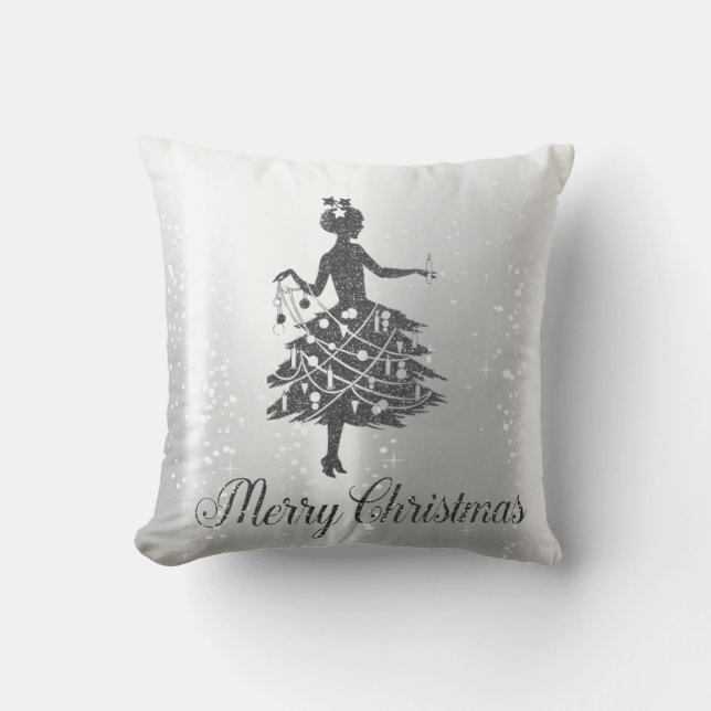 Elegant Shiny Silver Christmas Tree Girl Kissen (Vorderseite)