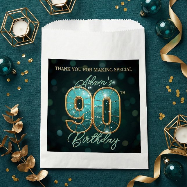 Elegant Shiny Teal Gold 90th Birthday Party Geschenktütchen (Von Creator hochgeladen)