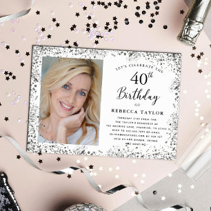 Elegant Silber Glitter 40. Geburtstag Einladung