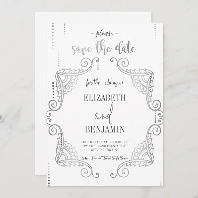 Elegant silberfarben minimalistisch Save the Date (Vorne/Hinten)