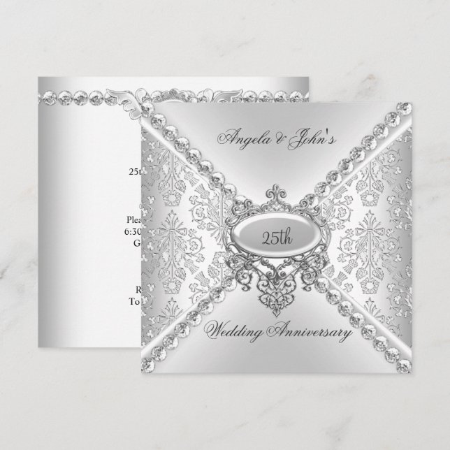 Elegant Silver 25. Hochzeit Anniversary Damask Einladung (Vorne/Hinten)