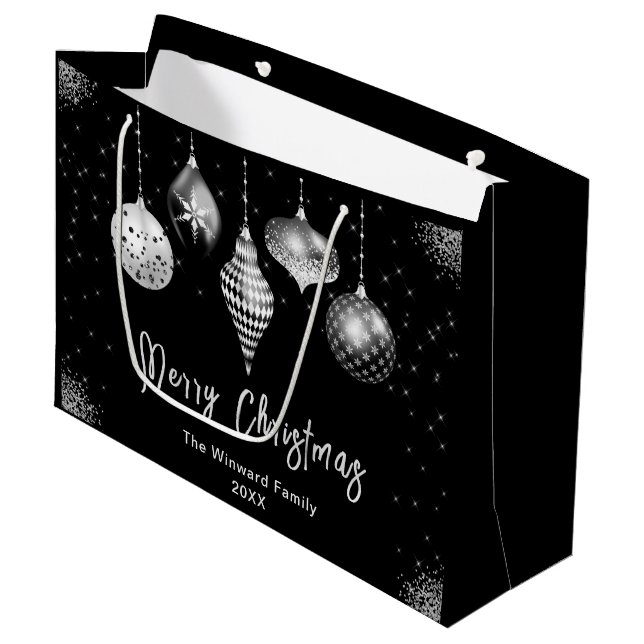 Elegant Silver and Black Ornament Christmas Große Geschenktüte (Vorderseite Schrägansicht)