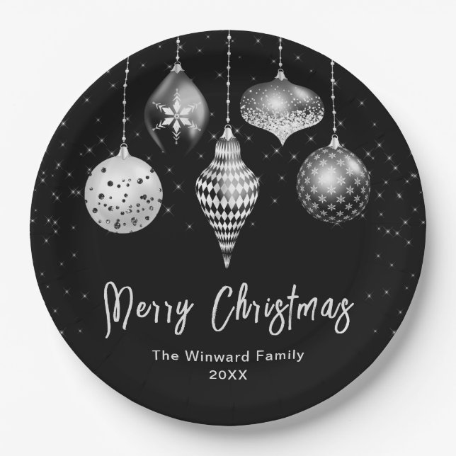 Elegant Silver and Black Ornament Christmas Pappteller (Vorderseite)