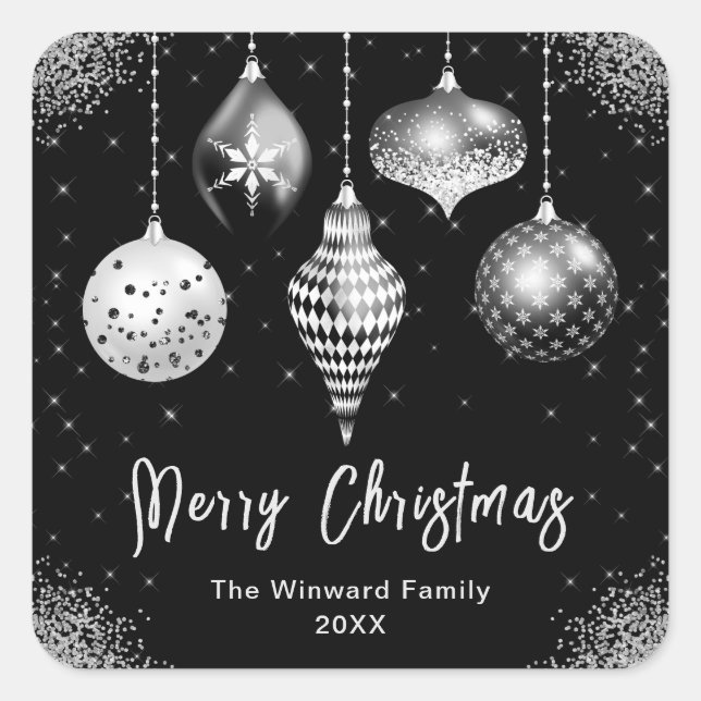 Elegant Silver and Black Ornament Christmas Quadratischer Aufkleber (Vorderseite)