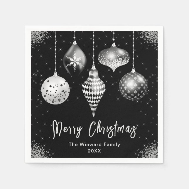 Elegant Silver and Black Ornament Christmas Serviette (Vorderseite)