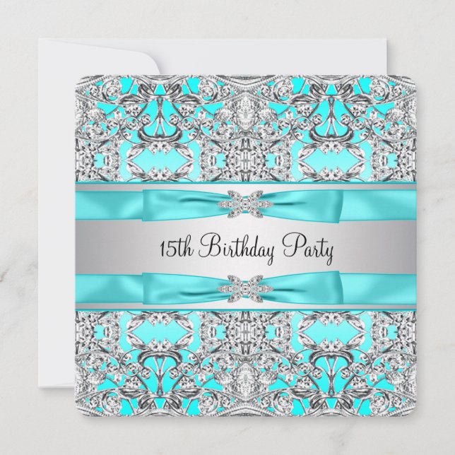 Elegant Silver Aquamarin Blue Quinceanera Einladung (Vorderseite)