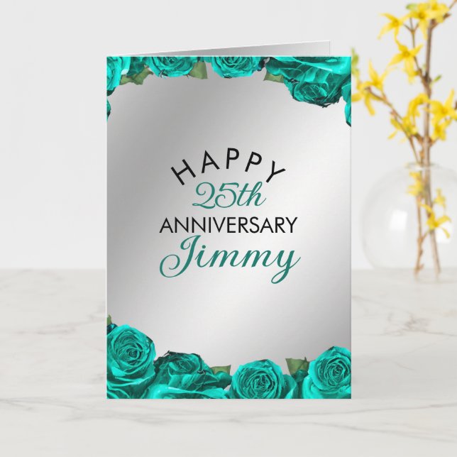 Elegant Silver Aquamarine Rose Ehemann 25 Jahre Ju Karte (Gelbe Blume)