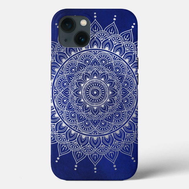 Elegant Silver auf Deep Blue Floral Henna Mandala Case-Mate iPhone Hülle (Rückseite)