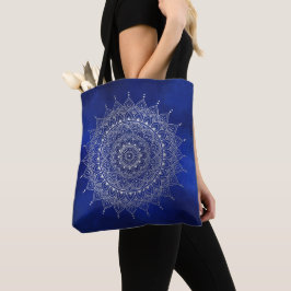 Elegant Silver auf Deep Blue Floral Henna Mandala Tasche