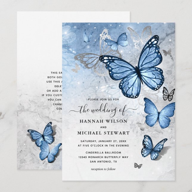 Elegant Silver Baby Blue Butterfly Wedding Einladung (Vorne/Hinten)