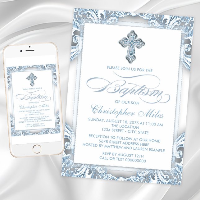 Elegant Silver Blue Baptisse Einladung (Blue and silver cross baptism invitation with script and cross on swirl back. Digital and print.)