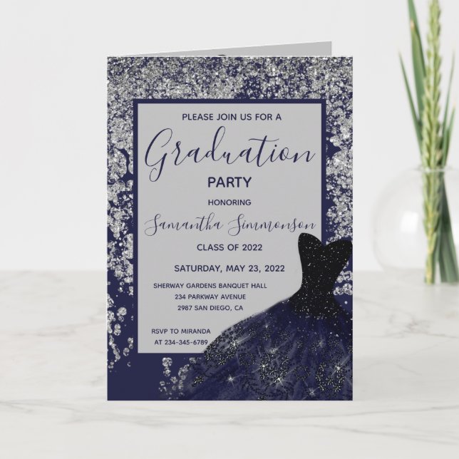 Elegant Silver Blue Glitzer Dress Grad Foto Invit Karte (Vorderseite)