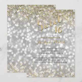 Elegant Silver Bokeh Lights Gold Confetti Sweet 16 Einladung