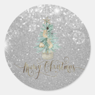 Elegant Silver Bokeh Watercolor Weihnachtsbaum Runder Aufkleber