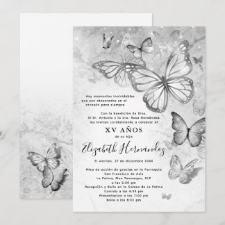Elegant Silver Butterfly Spanish Quinceanera Einladung