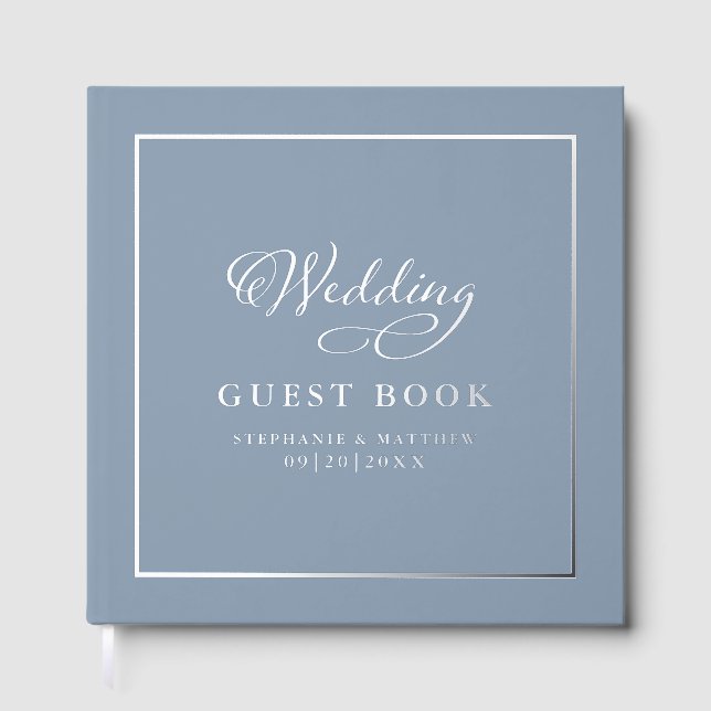 Elegant Silver Calligraphy Wedding Chic Dusty Blue Gästebuch (Vorderseite)