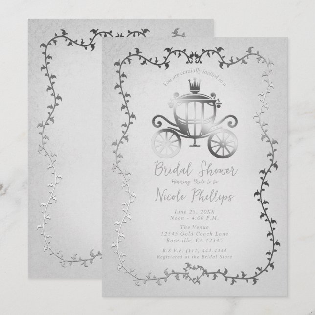 Elegant Silver Carriage Storybook Bridal Einladung (Vorne/Hinten)