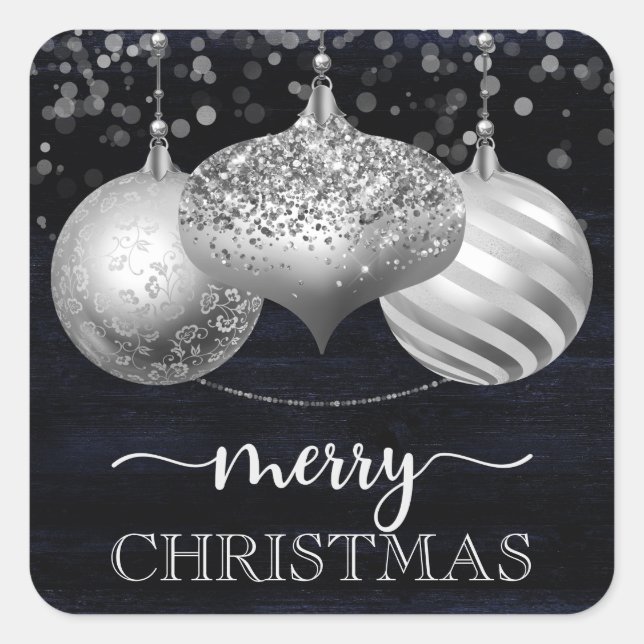 Elegant Silver Christmas Ornaments Quadratischer Aufkleber (Vorderseite)