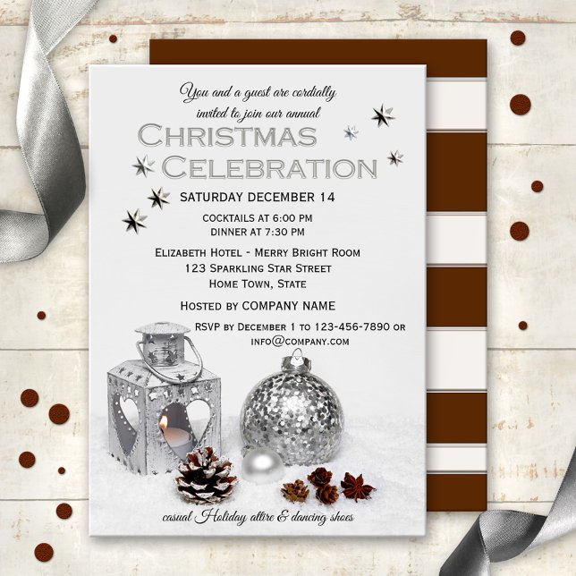 Elegant Silver Company Fête de Noël Invitation (Christmas Holiday invitation featuring a silver lantern and Christmas ball with pine cone on snow)