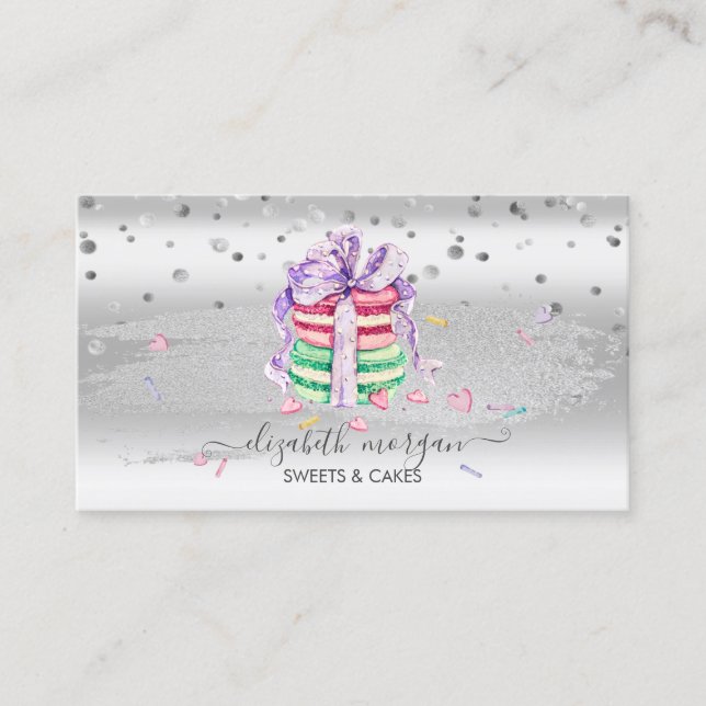 Elegant Silver Confetti, Pinselstriche, Macarons Visitenkarte (Vorderseite)