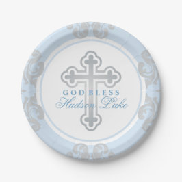 Elegant Silver Cross Blue Damask Baby Boy Baptisse Pappteller