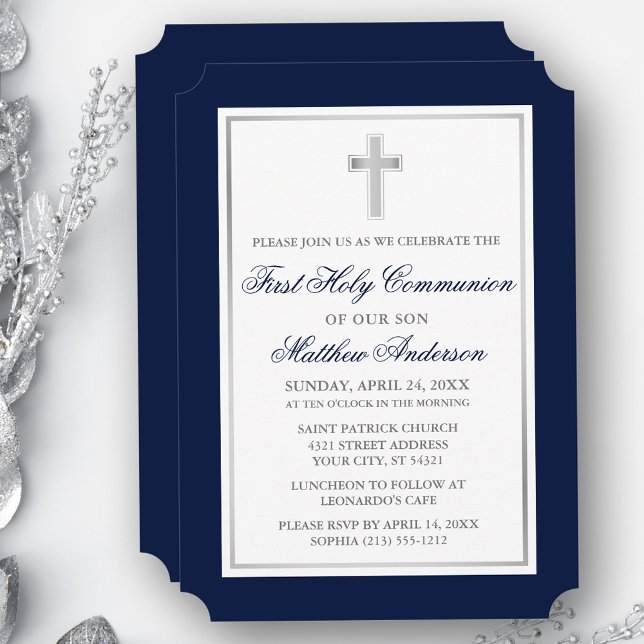 Elegant Silver Cross Blue First Communion Einladung (Customize to change text size, style, color or to add more text or photos to back of card.)