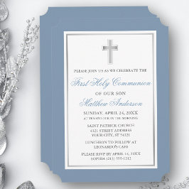 Elegant Silver Cross Dusty Blue First Communion Einladung