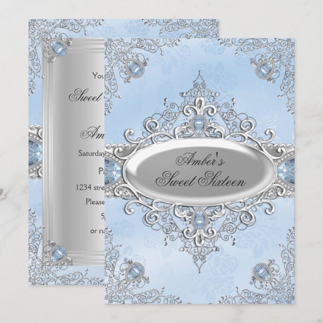 Elegant Silver Damask & Blue Jewel 16 . Geburtstag Einladung (Vorne/Hinten)