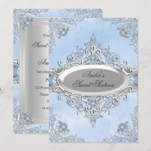 Elegant Silver Damask & Blue Jewel 16 . Geburtstag Einladung