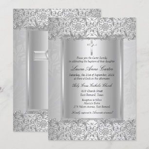 Elegant Silver Damask Cross Baptism/Christening Einladung