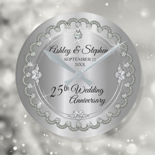 Elegant Silver Diamonds 25. Hochzeitstag Runde Wanduhr