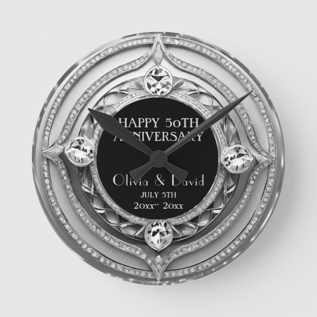 Elegant Silver Diamonds Wedding Anniversary Runde Wanduhr (Vorderseite)