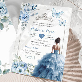 Elegant Silver Dusty Blue Butterfly Quinceañera Einladung