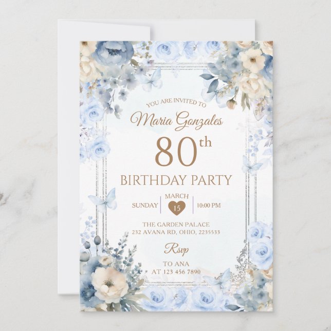 Elegant Silver & Dusty Blue Roses 80th Birthday Einladung (Vorderseite)