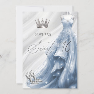 Elegant Silver Dusty Blue Sparkle Dress Sweet 16 Einladung