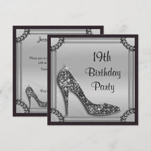 Elegant Silver Gerahmt Black Stiletto 19. Geburtst Einladung