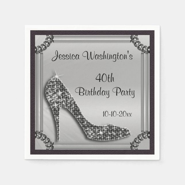 Elegant Silver Gerahmt Black Stiletto 40. Geburtst Serviette (Vorderseite)