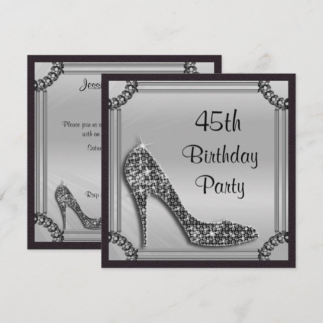 Elegant Silver Gerahmt Black Stiletto 45. Geburtst Einladung (Vorne/Hinten)