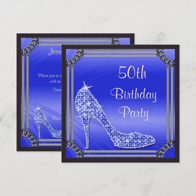 Elegant Silver Gerahmt Blue Stiletto 50. Geburtsta Einladung (Vorne/Hinten)