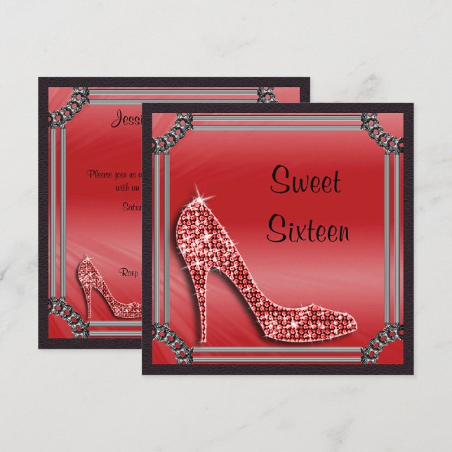 Elegant Silver Gerahmt Red Stiletto Sweet 16 Einladung (Vorne/Hinten)