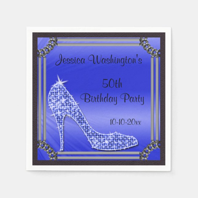 Elegant Silver Gerahmt Stiletto Blue 50. Geburtsta Serviette (Vorderseite)