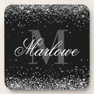 Elegant Silver Glitter Black White Monogram Getränkeuntersetzer