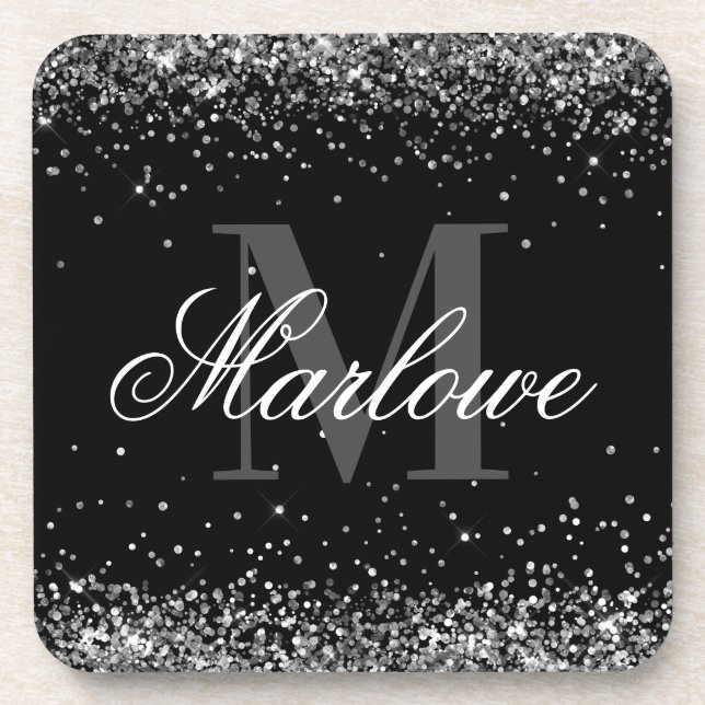 Elegant Silver Glitter Black White Monogram Getränkeuntersetzer (Vorderseite)