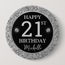 Elegant Silver Glitter Diamonds Birthday Button